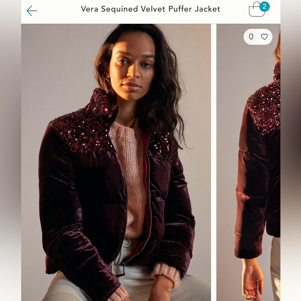 Anthropologie Vera Sequined Velvet Puffer Jacket in Deep Burgundy